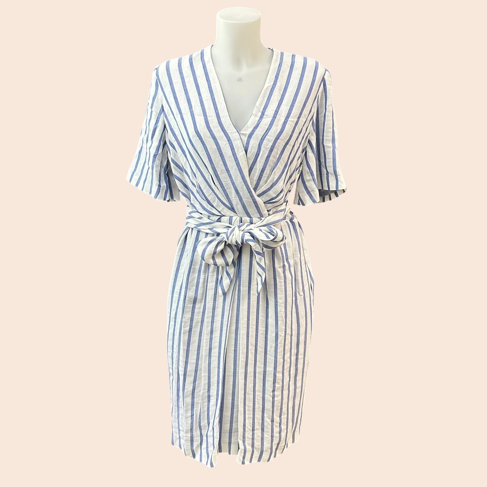 The Fold Blue Striped Tie Front Belted Midi Dress Linen Blend sz M - Faux Wrap
